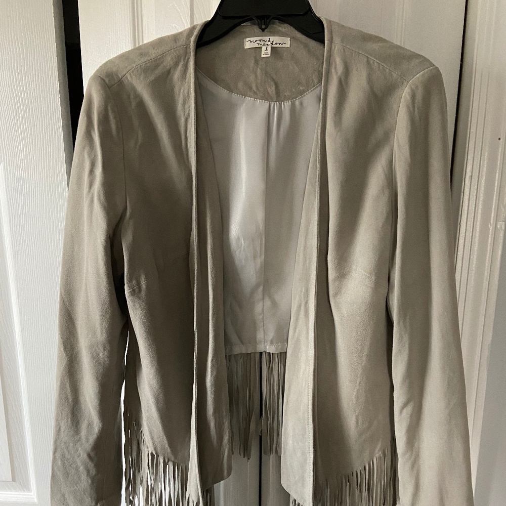Moon & Meadow Women's Gray beige Suede Fringe Hem Jacket  Retail $1,050 - Picture 4 of 5